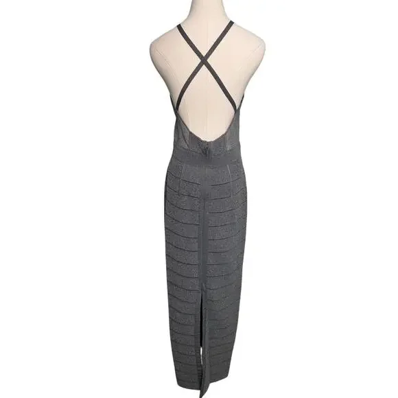 Herve Leger Textured Sheer Bustier Halter Gown Bandage Dress Silver Gray size L - Picture 8 of 15